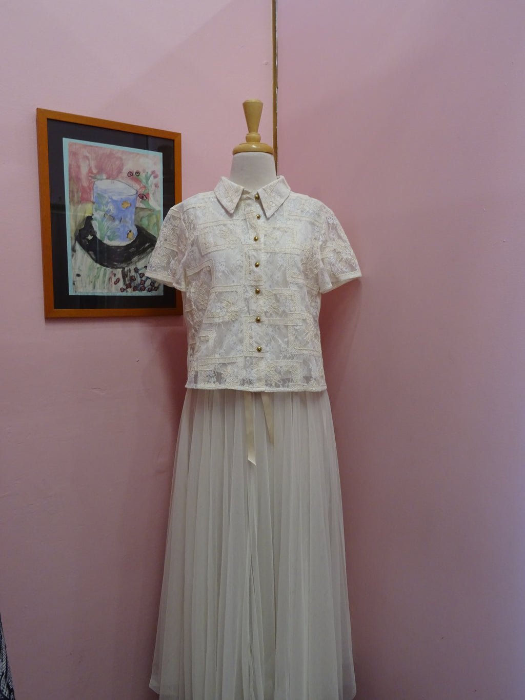 Gold-Button Rose Lace Blouse