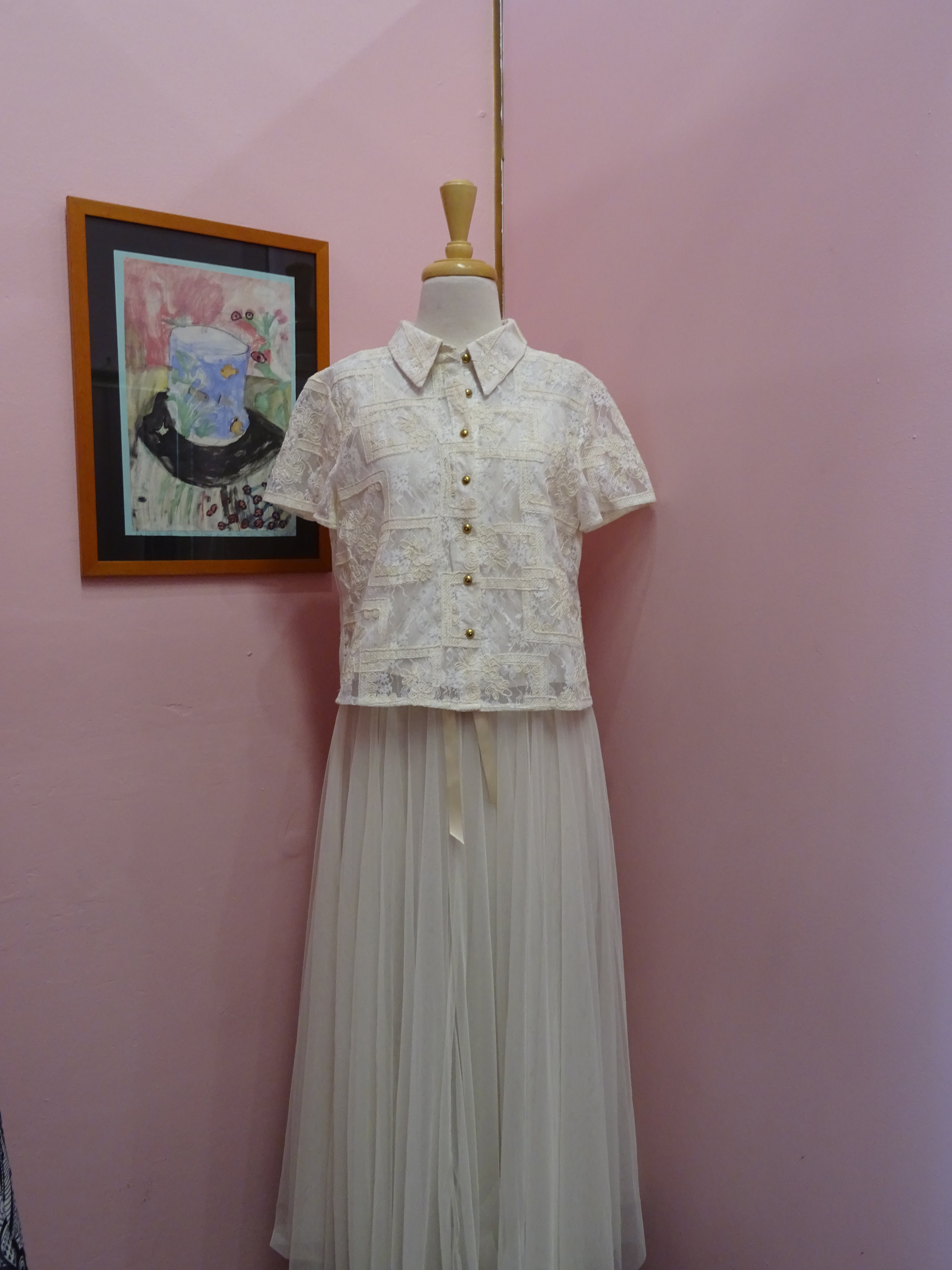 Gold-Button Rose Lace Blouse
