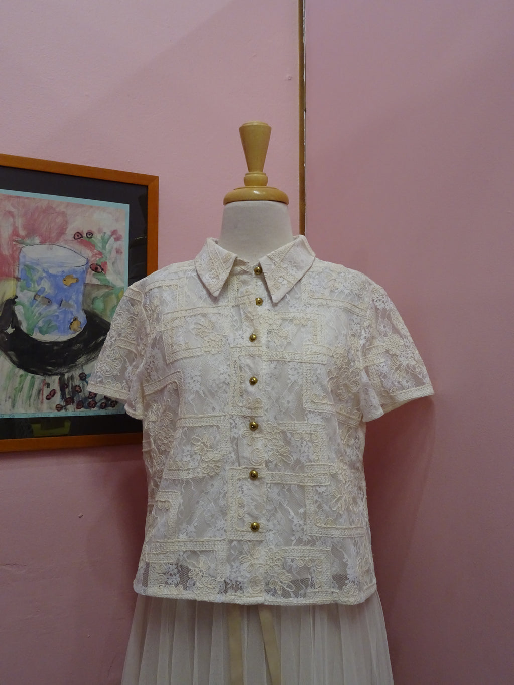 Gold-Button Rose Lace Blouse